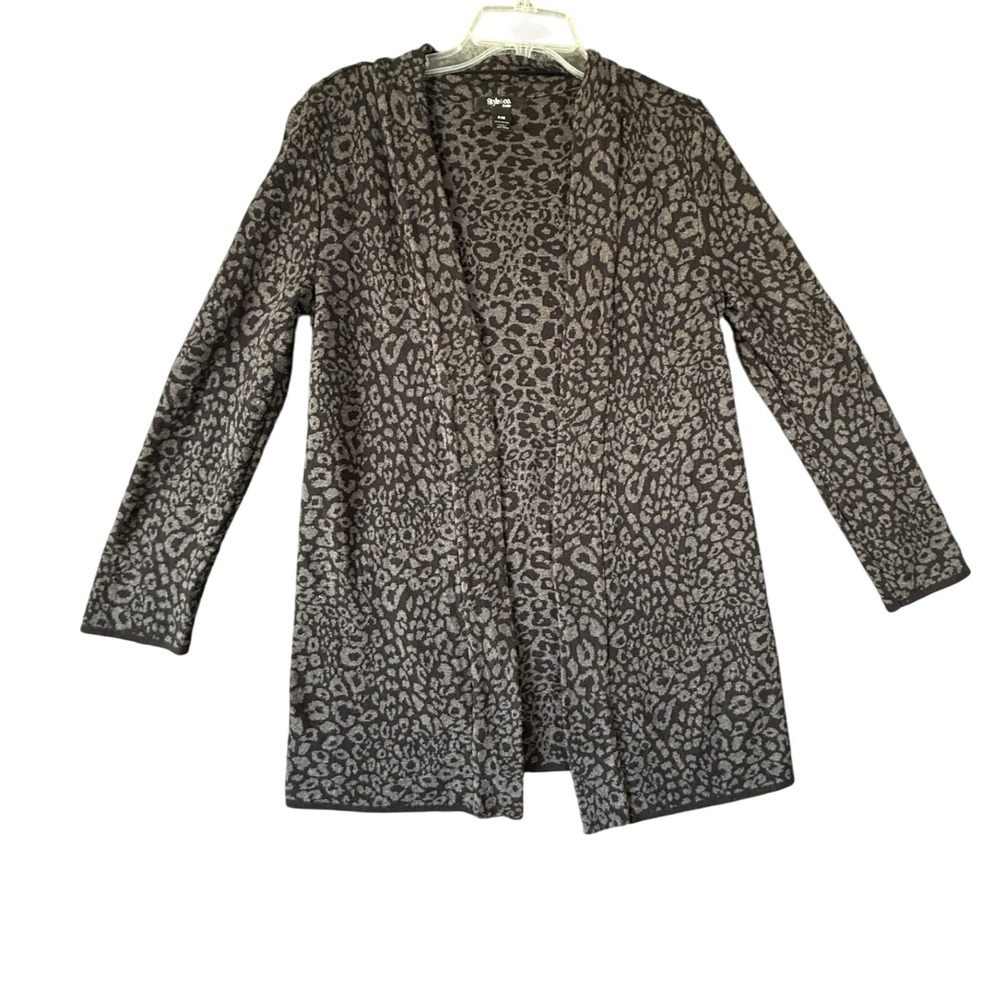 Style & Co Petite Leopard Print Open Front Cardigan Sweater P/M Black Gray